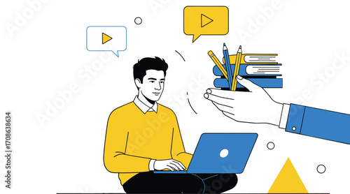 Man with laptop receives stack of books and pencils from a hand with play buttons computer