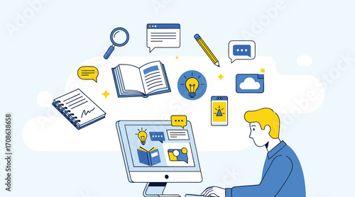 Person at computer with icons for learning and communication education