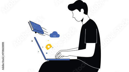 Person using laptop with flying book and cloud icons computer technology