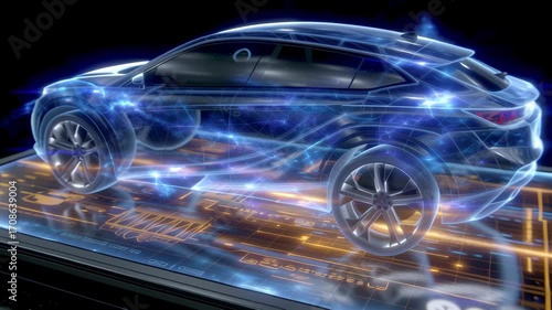 Futuristic Car Model with Digital Lights and Circuitry Elements Showcasing Advanced Technology and Innovation