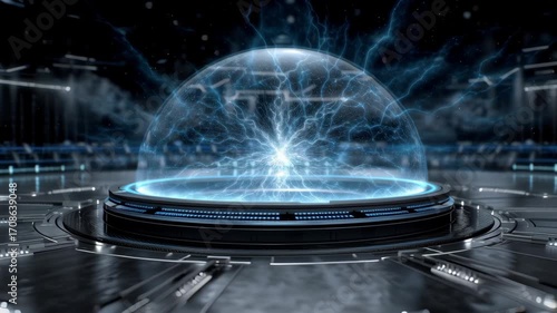 Futuristic Energy Dome with Blue Lightning Effects in a High-Tech Environment