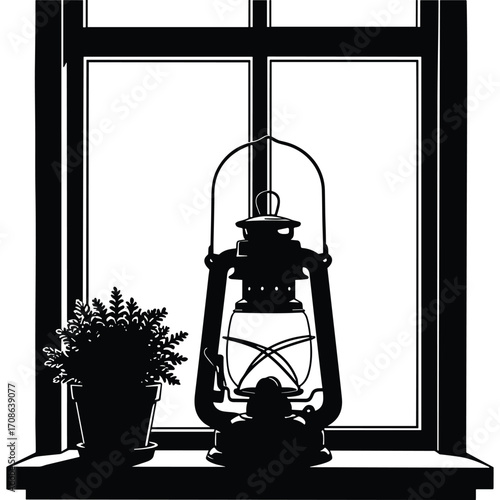 Silhouette of a kerosene lantern and potted plant on a windowsill against a window frame oil lamp