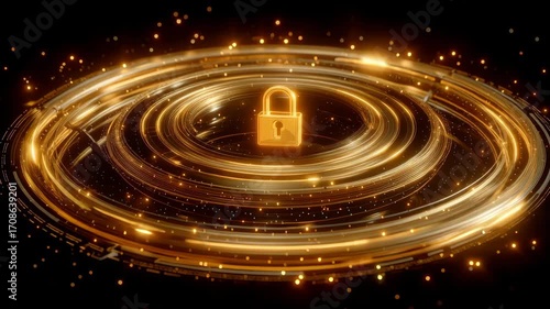 Glowing Golden Lock Surrounded by Rotating Light Trails and Particles in a Digital Security Theme