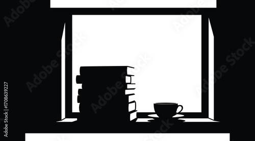 Silhouette of stacked books and a cup of coffee on a windowsill against a bright window stack of books