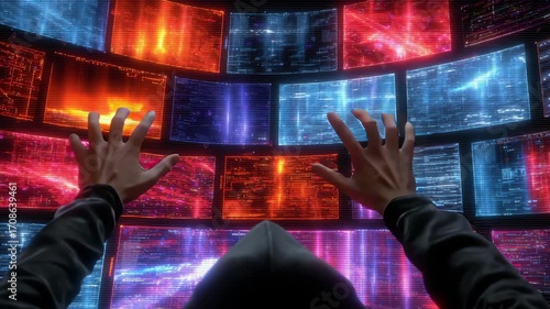 Person in Black Hoodie Interacting with Colorful Screens Displaying Dynamic Patterns of Light and Data