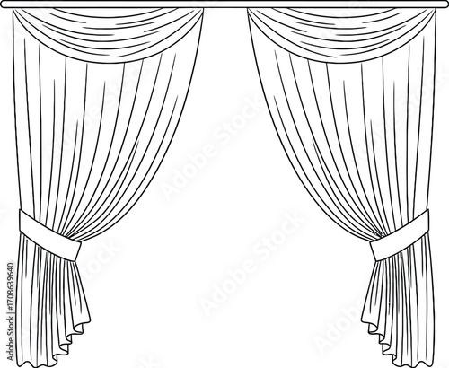 Illustration of draped curtains with tie backs and valance editable stock