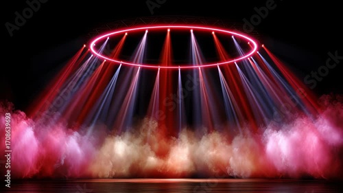 Vibrant Neon Light Show with Colorful Beams and Fog on Stage in a Dynamic Performance Environment