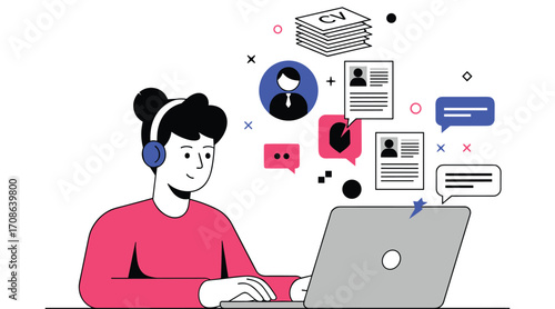 Woman wearing headphones works on laptop surrounded by job application icons and chat bubbles computer