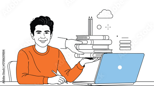 Young man in orange shirt at desk with laptop receiving stack of books from hand vector
