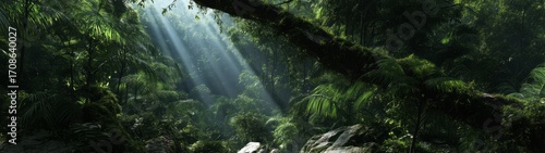 Lush jungle with light beams hdri panoramic view nature environment serene atmosphere