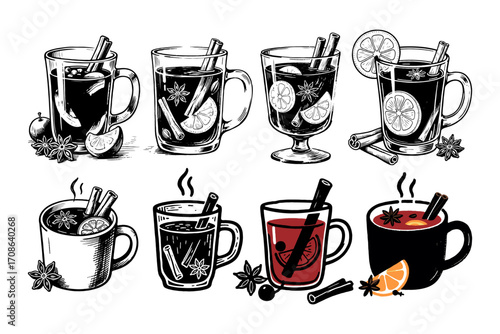 Assorted hand-drawn mugs of mulled wine with lemon, cinnamon and anise, on white background. Concept of cozy winter and festive drinks