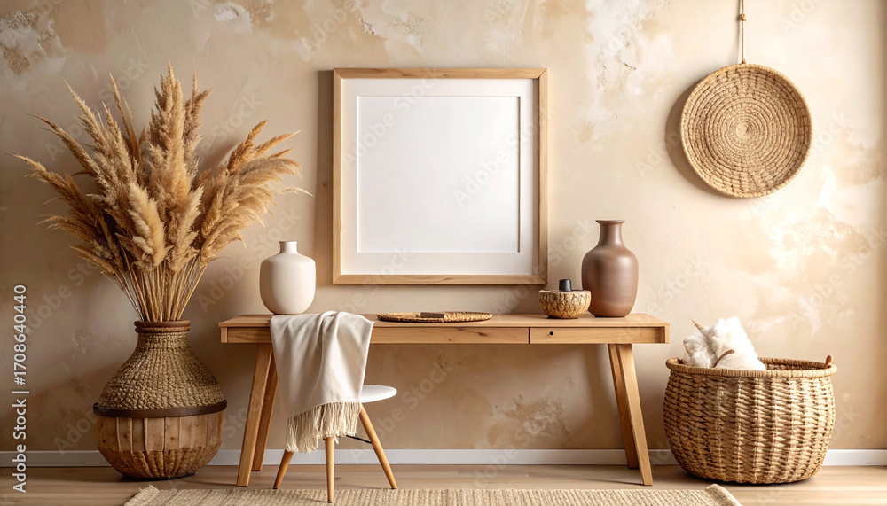Obraz premium Cozy Japandi style interior with a blank square poster frame mockup on a wooden desk, decorated with pampas grass and natural decor