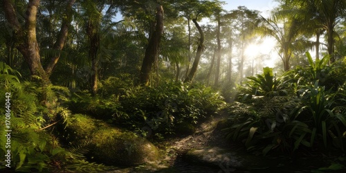 Lush jungle with light beams hdri panoramic view tropical environment nature exploration