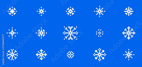 Pixel art snowflakes set on blue sky background. White geometric shapes, minimal mosaic pattern, crystals, ice, snow. Retro game 8 bit winter elements for nostalgic digital design, holiday decorations