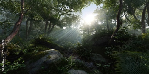 Lush jungle with light beams tropical forest hdri panoramic view nature environment serene concept