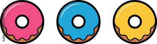 Three colorful donuts arranged in a row, sweet treats for any occasion