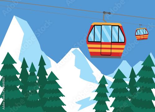 Cable cars or aerial lift on winter landscape with mountains. Nature vector illustration.