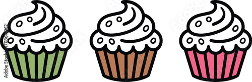 Three colorful frosted cupcakes arranged in a row, perfect for celebrations.