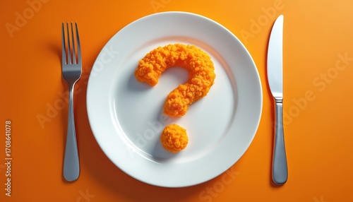 Plate with orange food shaped like question mark, fork, knife. Suggests dining choices, meal uncertainty, menu research, culinary discovery. Represents choices, curiosity, and unknown tastes.