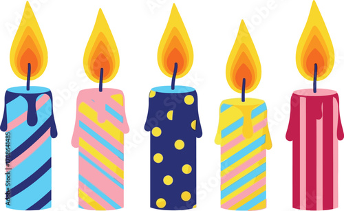 Illustration of five colorful burning birthday candles set editable stock