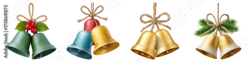 Rustic christmas watercolor, Decorative Christmas bells in various designs and colors.