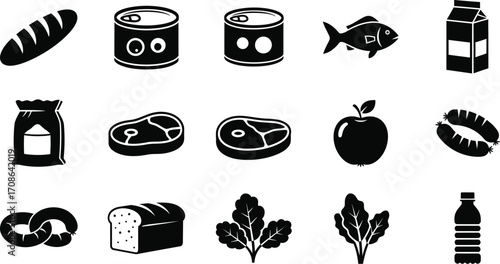 Black and white icons of various food and drink items editable stock