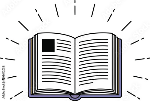 Open book with lines emanating from it on a white background editable stock