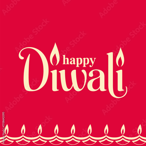Happy Diwali banner, golden lettering, row of oil lamps border, red festive background, traditional celebration template, vector illustration
