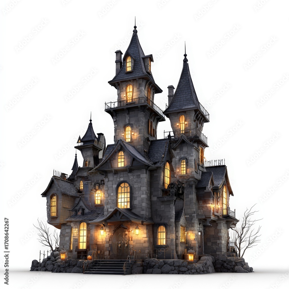 Obraz premium 3D Halloween Haunted Castle Isolated on White Background – Spooky Gothic Design
