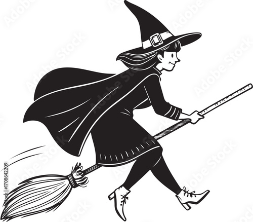 Witch on Broom, Spooky Halloween Vector Illustration, Sketch Drawing Line Linear Symbol Icon Engraving Coloring Book, Hand-drawn Doodle Black and White Isolated
