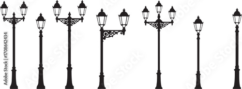 Ornate Vintage Street Lamp Silhouettes, Vector Set