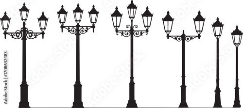 Ornate Vintage Street Lamp Silhouettes, Vector Set