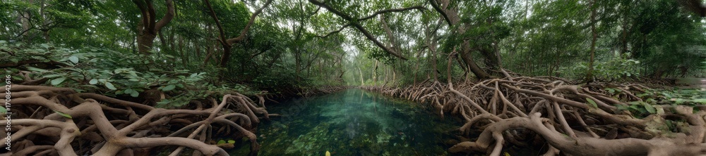 Obraz premium Exported mangrove roots in clear water hdri panoramic landscape lush nature environment