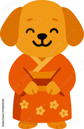 cartoon dog character dressed in a traditional orange kimono with a floral design, smiling happily.