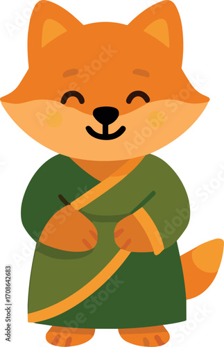 cartoon fox character dressed in a traditional green and yellow robe, smiling warmly with a friendly expression