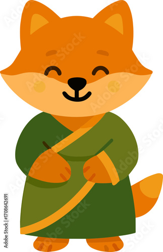 cartoon fox character dressed in a traditional green and yellow robe, smiling warmly with a friendly expression