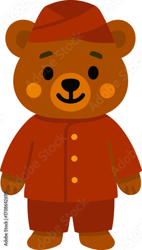 cartoon bear wearing a red traditional outfit with golden buttons and a matching red hat, smiling warmly with a friendly expression.
