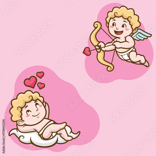 Vector set of cute colorful cupids stickers with hearts. Small angels with wings bow heart hunters fly in the sky. Sticker collection of various angels or cupids printable template