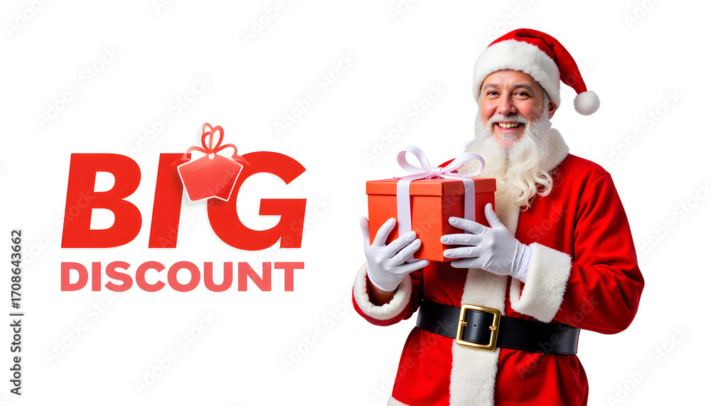 Obraz premium Smiling Santa Claus helper holding gift box, holiday promotion