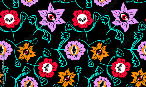 creepy halloween floral seamless pattern with scary flowers eyeballs skulls on black background kids web design textile