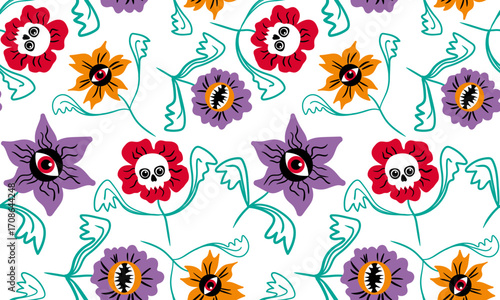 сreative bright abstract floral pattern Halloween style childrens scary drawings of skulls teeth and eyes on white background