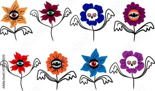 spooky scary flowers for Halloween with eyes teeth skulls floral design set of vector childrens drawings, hand drawn for web design