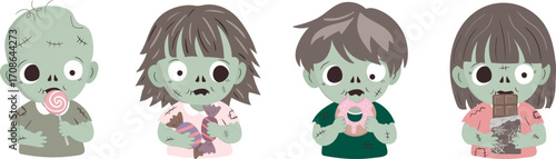 cute halloween little zombie kids holding sweets and candies vector set funny cartoon undead children trick or treating isolated background