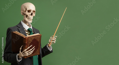 Halloween Skeleton Teacher with Book and Pointer, Green Background - High-quality stock image for commercial use