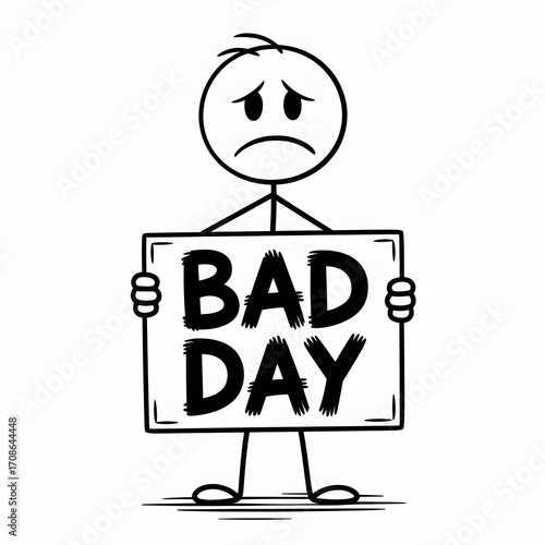 Have a Bad Day Day, Bad Day illustration of a sad stick figure holding a sign, symbolizing frustration, stress, disappointment, and humor in coping with everyday life challenges.
