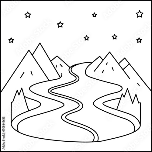Neon River Reflections Coloring Page, Futuristic Night City Illustration