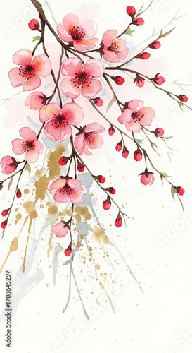 Watercolor Painting of Cherry Blossom Branches with Delicate Pink and Red Flowers