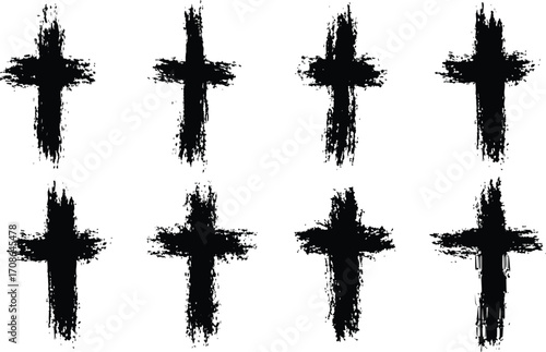hand drawn cross Set Brush style. Dynamic charcoal burst explosion, isolated on transparent background. Vector cross. Black ink splatter creates abstract.
