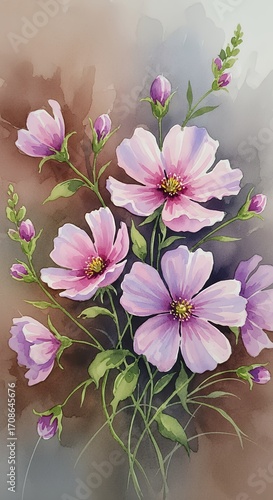 Watercolor Painting of Delicate Pink Cosmos Flowers on a Soft Background Floral Art
