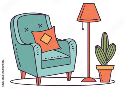 Cozy Living Room Corner with Armchair Lamp and Cactus Illustration